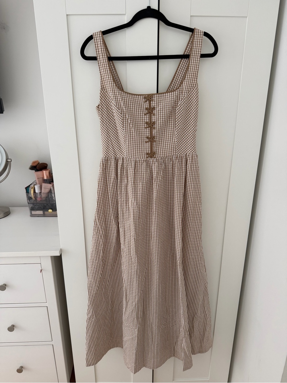 Caroline Constas Gingham Sleeveless Midi Dress in Beige